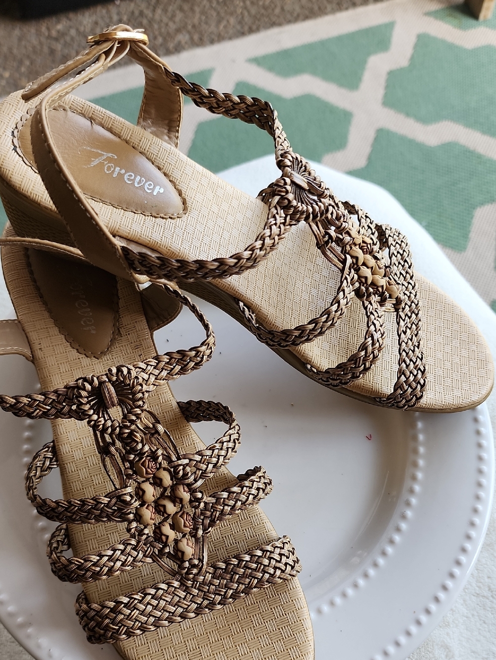 Forever Comfort Beige Braided Strappy Sandals with Tan Accents
